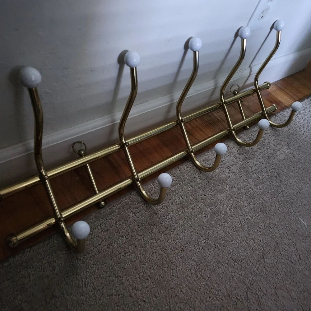 Vintage 1970s Beautiful Gold Brass Wall Mounted Coat Rack Hooks Porcelain Knobs